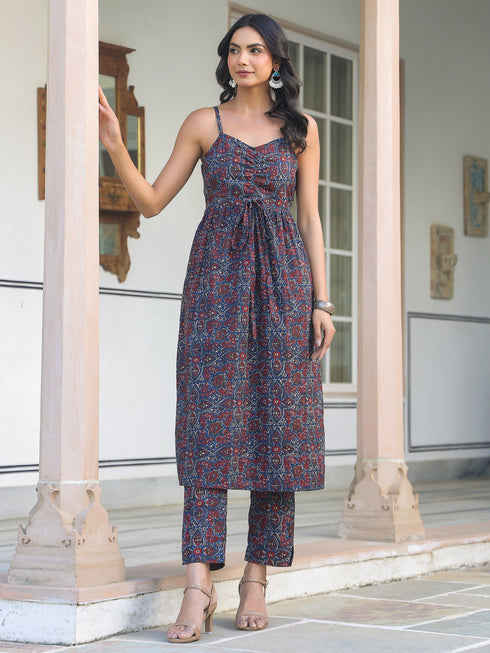 Navy Blue Pure Cotton Ethnic Motifs Printed A-line Kurta Pant Set